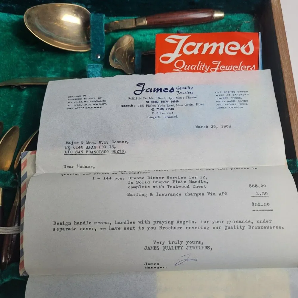 Vintage JAMES Bangkok Thailand 28 pcs Bronze Brass Silverware Utensil Set